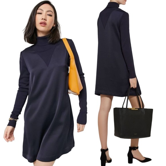 Ted Baker Cindey Sweater Dress Turtleneck Long Sleeve Rib Knit Mini Navy Blue 4 - Picture 2 of 8
